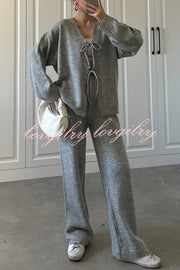 Solid Color V-neck Tie Long-sleeved Loose Knit Cardigan and Elastic Waist Casual Straight Leg Pants Set