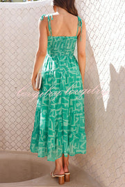 Unique Printed Suspender Tie Back Pleated Midi Dress