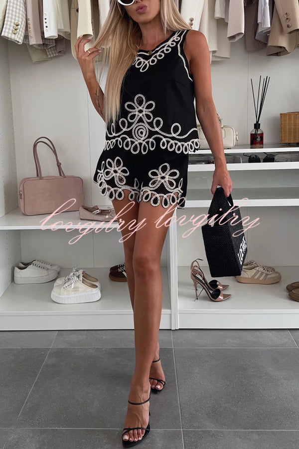 Angie Embroidery Cut-out Sleeveless Top and Elastic Waist Loose Shorts Set