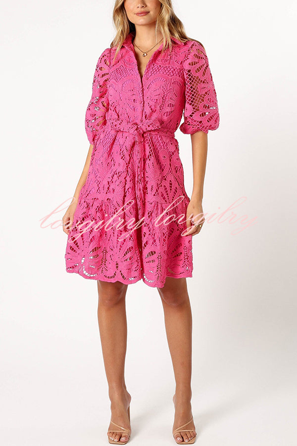 Solid Color Lace Cutout Balloon Sleeves and Waist Tie Mini Dress