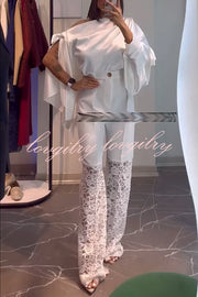 Chic Moment Satin Irregular Knot Slit Sleeve One Shoulder Loose Blouse