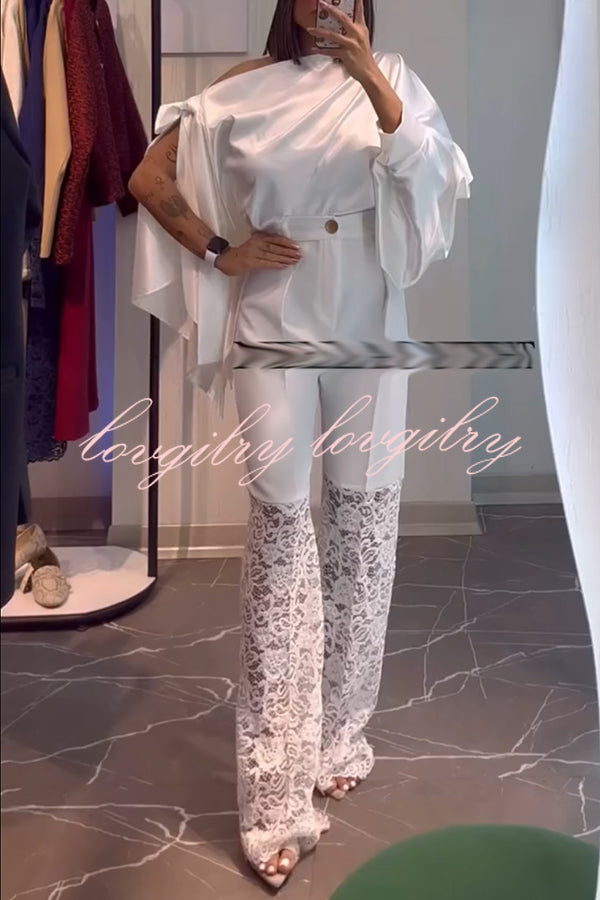 Chic Moment Satin Irregular Knot Slit Sleeve One Shoulder Loose Blouse