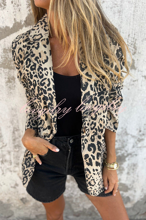 Leopard Print Lapel Long Sleeve Casual Blazer