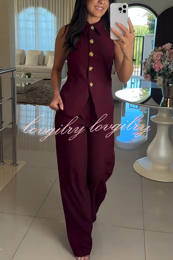 Fashion Lapel Sleeveless Button Vest and Casual Straight-leg Suit Pants Set