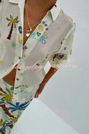Linen Blend Resort Coconut Palm Print Long Sleeve Lapel Shirt and Elastic Waist Casual Pocket Shorts Set