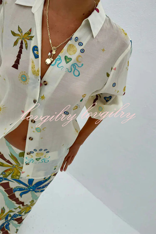 Linen Blend Resort Coconut Palm Print Long Sleeve Lapel Shirt and Elastic Waist Casual Pocket Shorts Set
