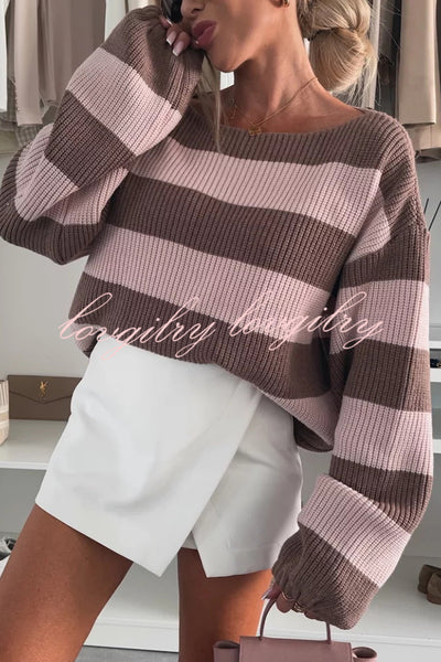 Fashion Striped Loose Long-sleeved Crew Neck Knitted Sweater