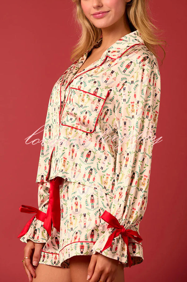 Christmas Print Lace-up Cuff Top and Elastic Waistband Pocket Casual Shorts Set