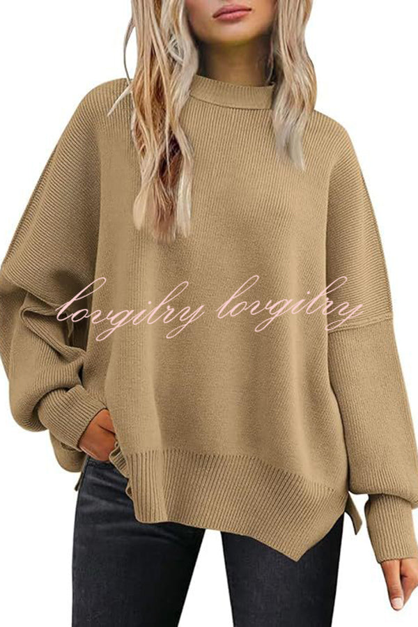 Distressed Knit Side Slit Long Sleeve Pullover Sweater