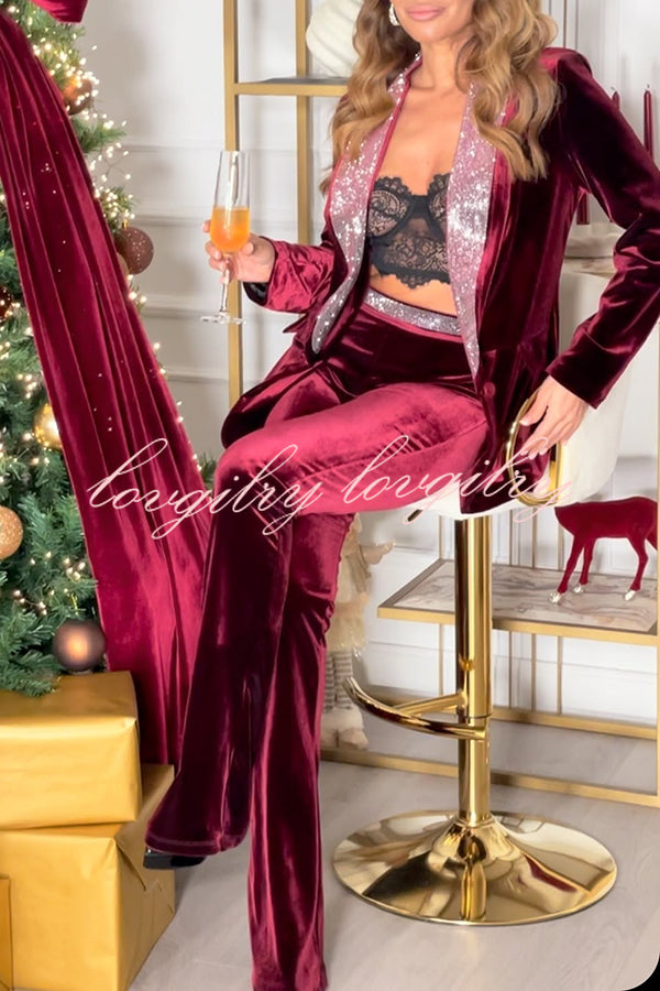 Cheer Tonight Velvet Glitter Trim High Rise Stretch Fiare Pants