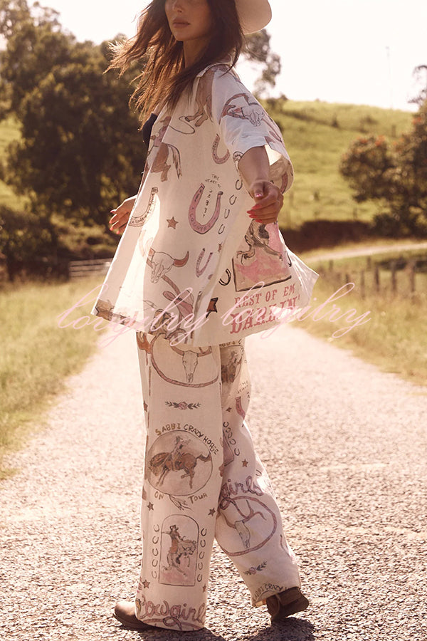 Linen Blend Unique Printed Short-sleeved Shirt and Elastic Waisted Baggy Pants Set