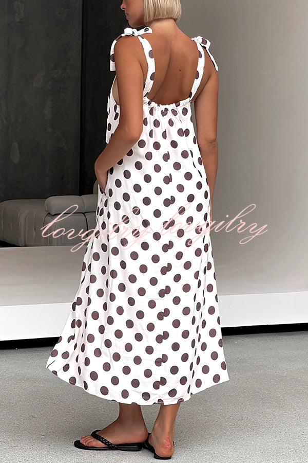 Polka Dot Print Suspenders Strappy Backless Loose Pocket Midi Dress