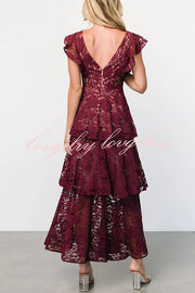 Lace V-neck Ruffled Sleeves Cinched Waist Maxi Dress