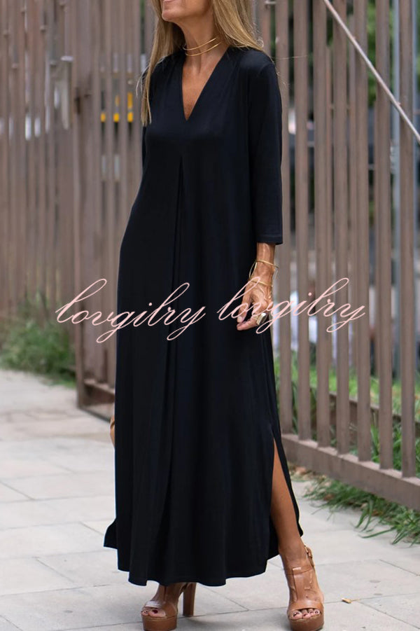 Solid Color V-neck Casual Slit Maxi Dress