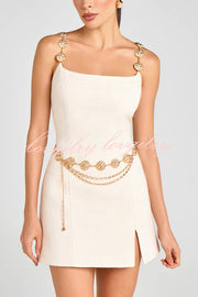 Timeless Exquisite Tweed Fabric Metal Coin Chain Detail Slip Mini Dress
