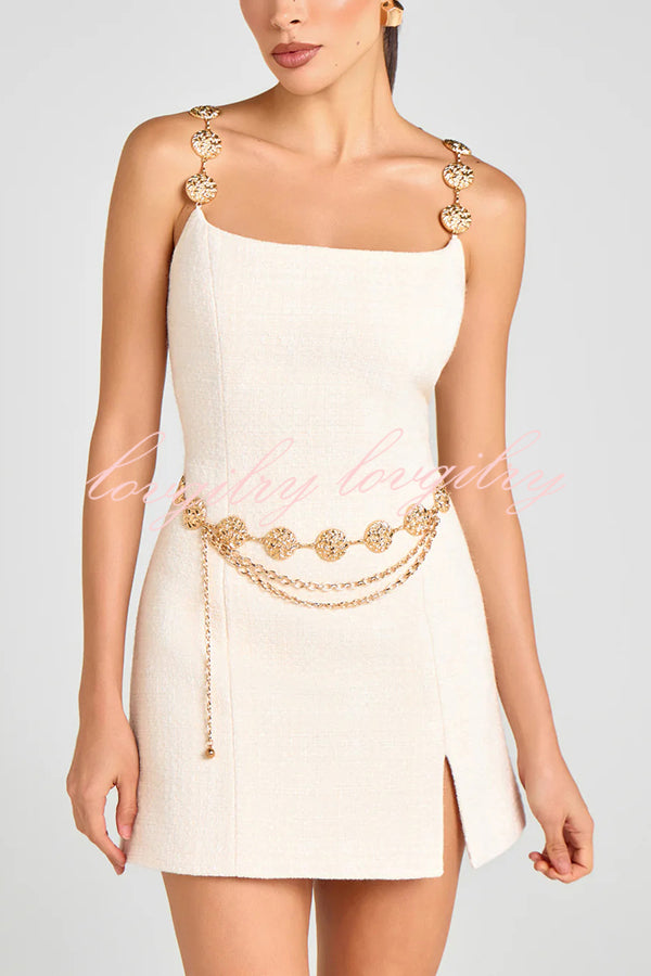 Timeless Exquisite Tweed Fabric Metal Coin Chain Detail Slip Mini Dress