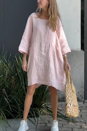 Linen Blend Solid Loose Casual Pocket Mini Dress
