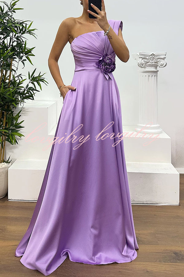 Nasha Satin Pleated One Shoulder Petal Gemstone Detail Pocket Slit Maxi Dress