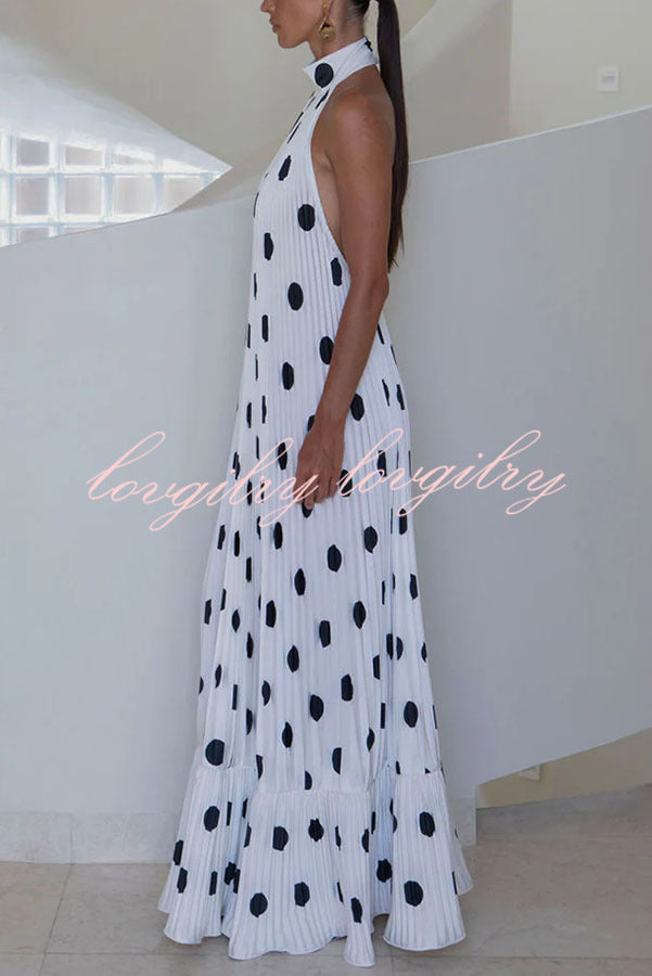 Really Special Pleated Polka Dot Print High Halter Neck A-line Maxi Dress
