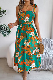 Plant Print Suspenders Pleated Holiday Beach Midi Dress