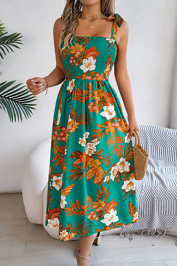 Plant Print Suspenders Pleated Holiday Beach Midi Dress