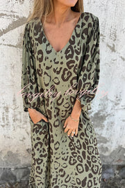 Leopard Print Loose V-neck Pocket Holiday Style Maxi Dress