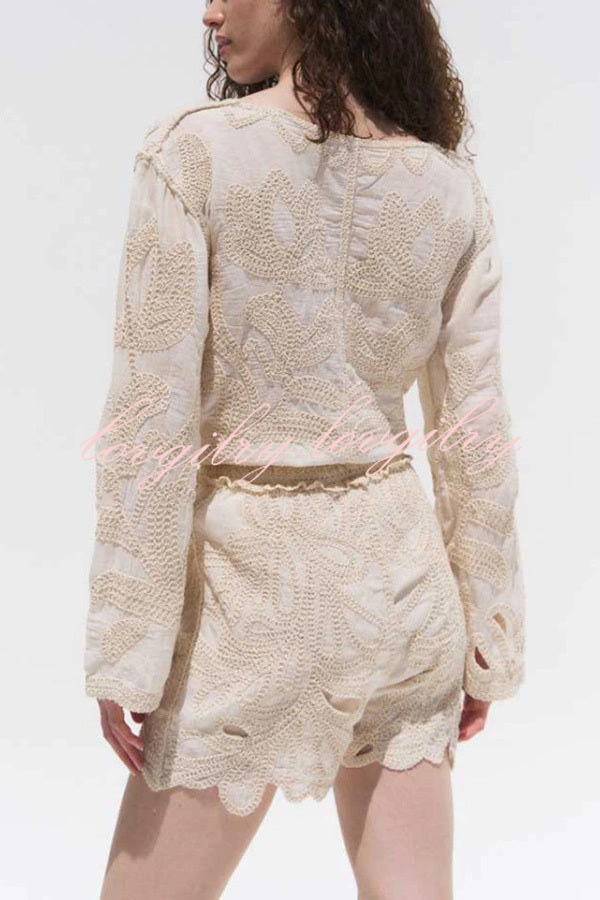 Fashionable Round Neck Long Sleeve Hollow Embroidered Top and Elastic Waist Loose Shorts Set