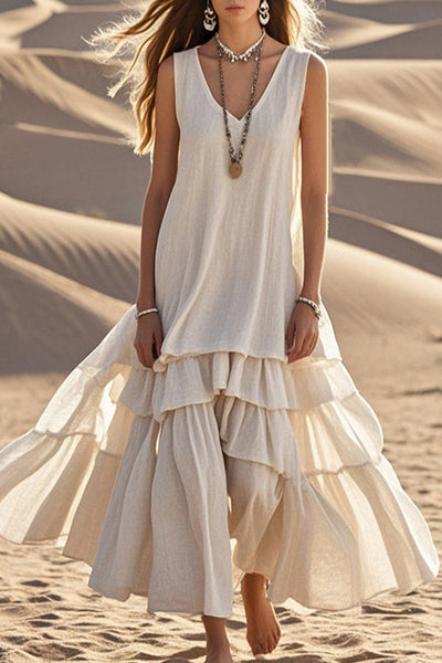 Linen Blend V-neck Sleeveless Loose Full Hem Midi Dress