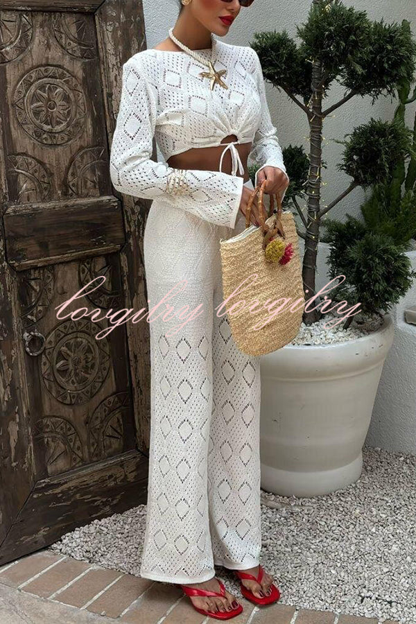 Solid Color Hollow Short Long-sleeved Top and Casual Stretch Wide-leg Pants Knitted Set