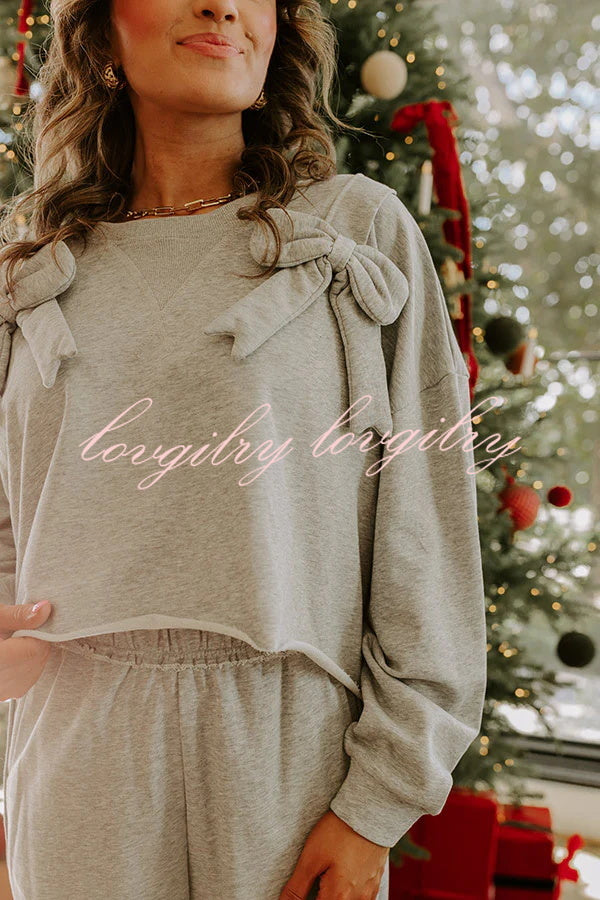 Dear Daydream Loose Bow Tie Long-Sleeved Sweatshirt and Elastic Waist Pocket Pants Set
