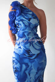 Floral Print Sleeveless 3D Flower One Shoulder Slim Maxi Dress