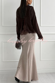Caitlin Knit Lace Trim Patchwork Long Sleeve Back Slit Relaxed Sweater