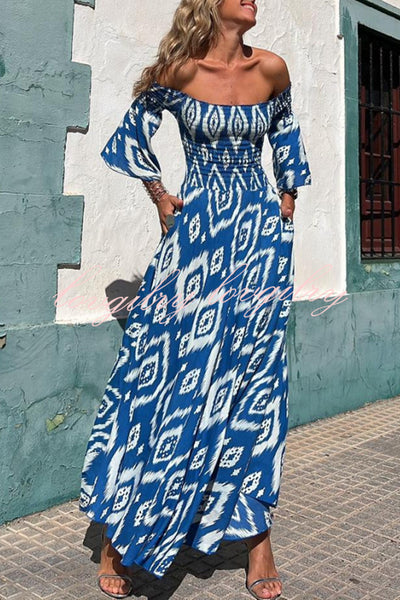 Close To The Vacation Ethnic Print Smocked Off Shoulder Pocketed Maxi Dress