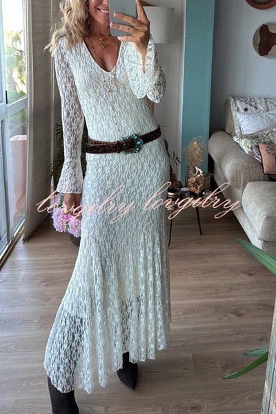 Aster Embroidered Lace Chiffon V-neck Long Bell Sleeve Stretch Flare Maxi Dress