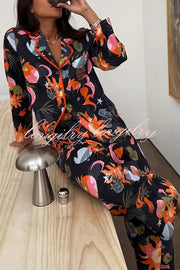 Evening Routine Unique Print Color-block Trim Loose Shirt and Elastic Waist Pocketed Pajama Set