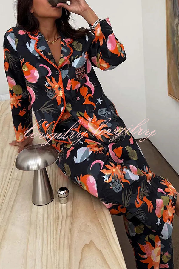 Evening Routine Unique Print Color-block Trim Loose Shirt and Elastic Waist Pocketed Pajama Set