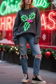 Christmas Holly Jacquard Loose Long-Sleeve Knit Sweater