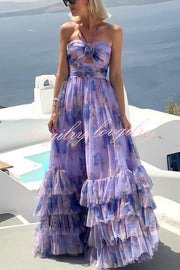 Dreamy Clouds Tulle Printed Rose Detail Cutout Ruffles Tiered Halter Maxi Dress