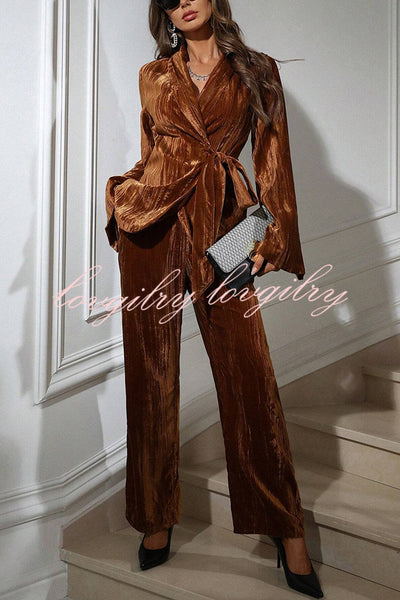 Solid Color Velvet Pleated Long-sleeved Tie Top and Casual Pocket Straight-leg Pants Set