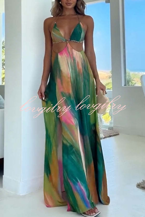 Andie Splash Ink Printed Cutout Back Tie-up Slit Vacation Maxi Dress