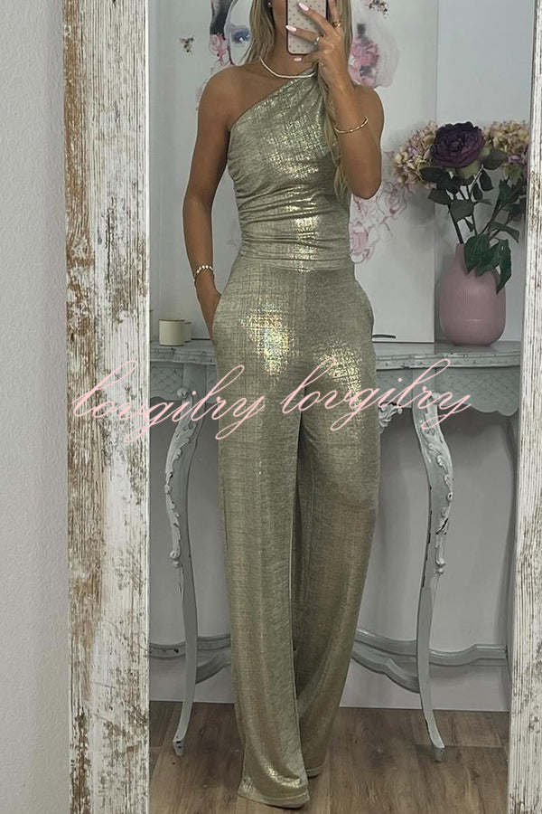 Shining Moment Metallic Fabric One Shoulder Ruched Tank and Pocketed Loose Stretch Pants Set