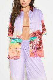 Lilac Sunrise Unique Print Short Sleeve Loose Shirt and Elastic Waist Pocket Pants Set