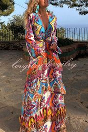 Colorful Day Unique Print Bell Sleeve Cutout Waist Layered Maxi Dress