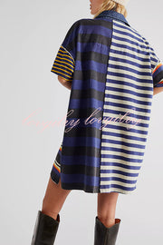 Contrast Striped Patchwork Denim Lapel Loose Casual Mini Dress