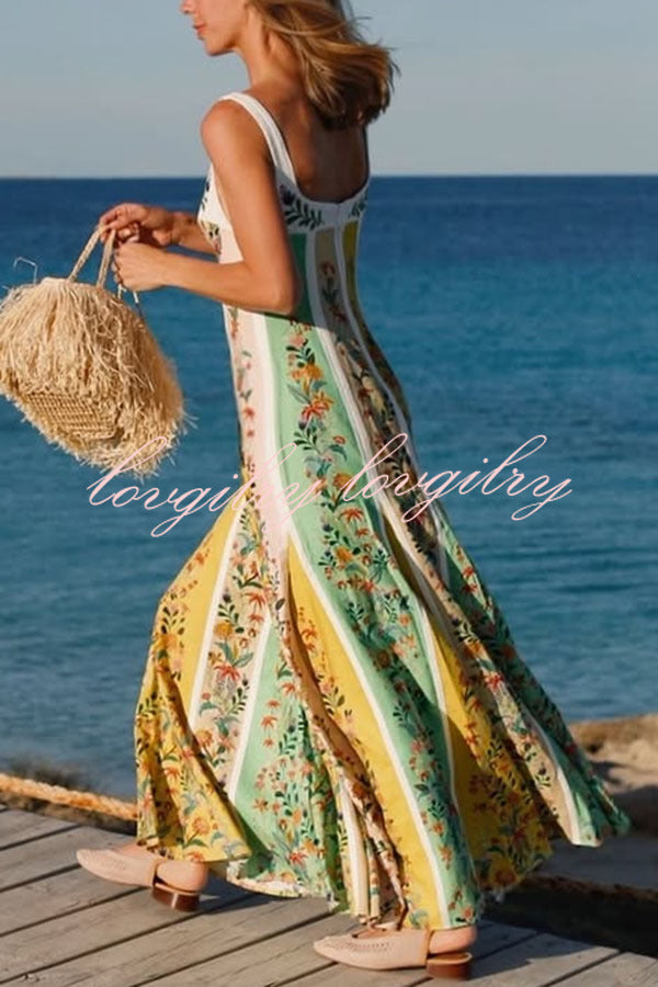Sweet Garden Linen Blend Color Block Floral Paneled Maxi Dress