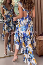 Boho Floral Print Sexy V-neck Backless Resort Maxi Dress