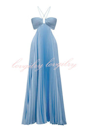 Caught Your Eye Satin Pleated Cross Straps Cutout Flowing Maxi Dress