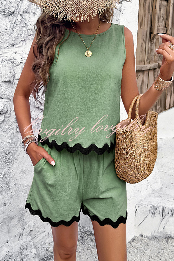 Casual Wavy Edge Buttoned Elastic Waist Shorts Set