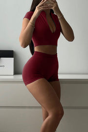 Fashionable Sports Yoga Style V-neck Crop Top and Stretch Slim Shorts Set