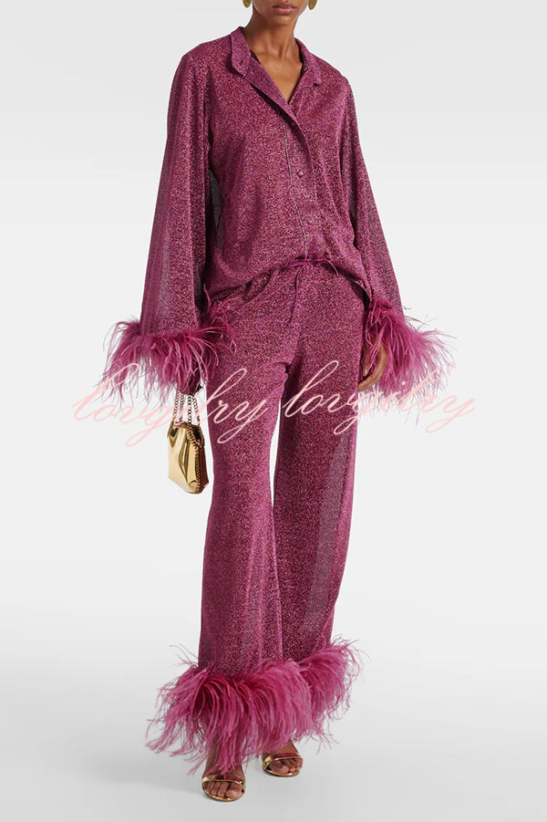 Glitter Fabric Feather Trim Long Sleeve Button Top and Elastic Waist Loose Straight Pants Set